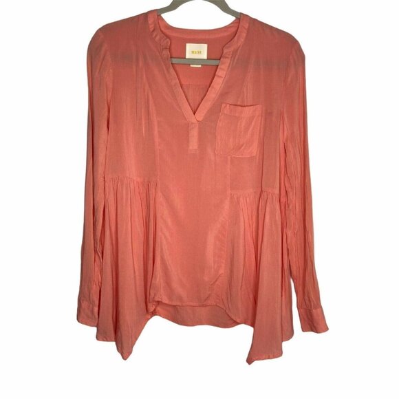 Anthropologie Maeve Tunic Blouse Top Size 0 Coral V-Neck‎ Long Sleeve Loose Fit - Picture 1 of 10